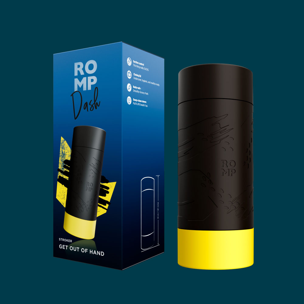 ROMP Dash 黑色手搖紓壓器官方產品照 04,深青色品牌背景