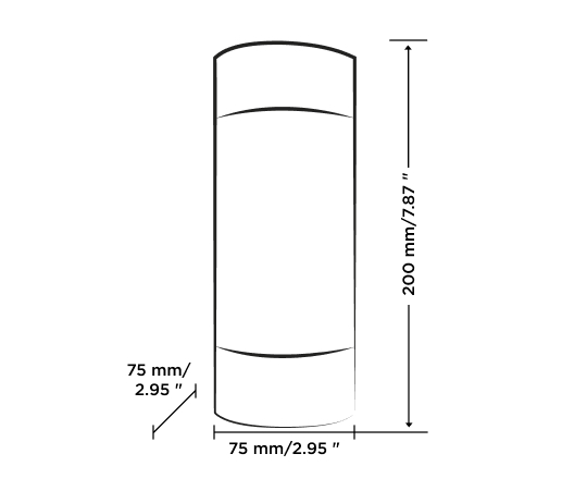 ROMP Dash 尺寸線稿圖:長 200mm、寬 75mm、高 75mm