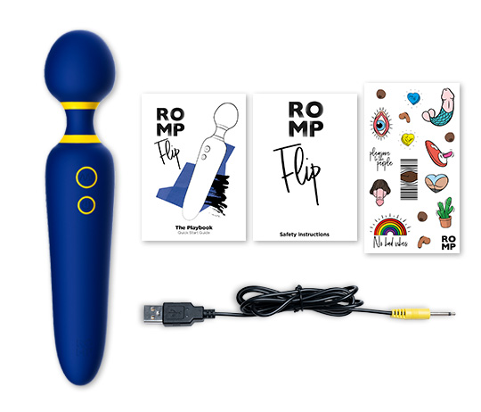 ROMP Flip 內容物平拍:主機、快速指南、安全說明、貼紙與磁吸充電線