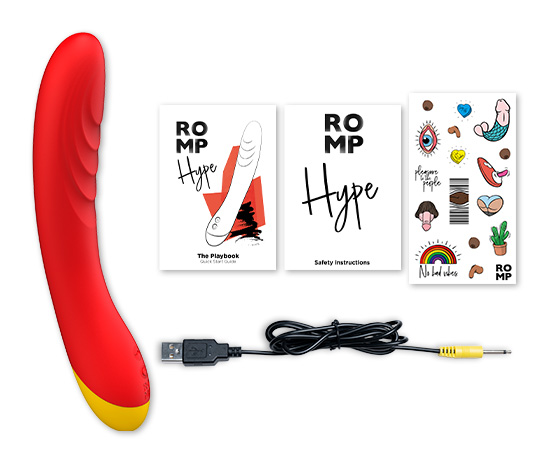ROMP Hype 內容物平拍:主機、快速指南、安全說明、貼紙與磁吸充電線