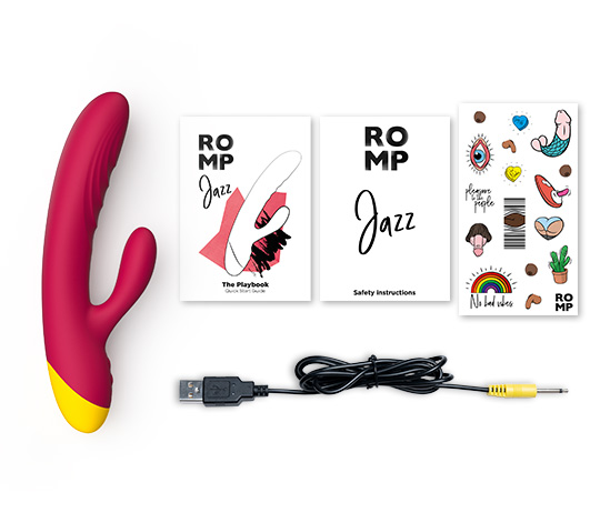 ROMP Jazz 內容物平拍:主機、快速指南、安全說明、貼紙與磁吸充電線