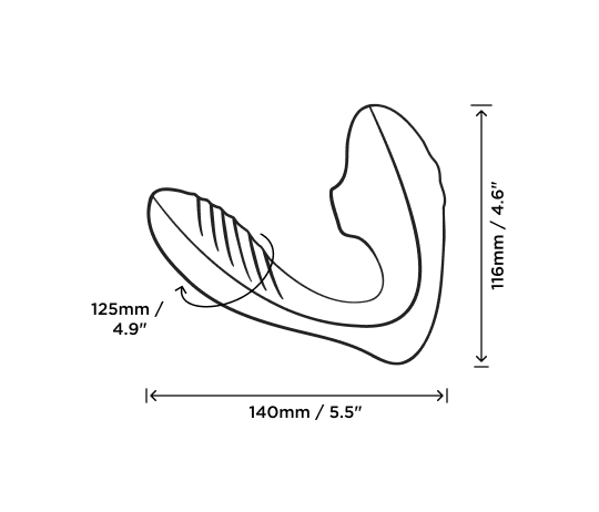 ROMP Reverb 尺寸線稿圖:全長 140mm、吸吮頭高 116mm、內部刺激臂圍 125mm