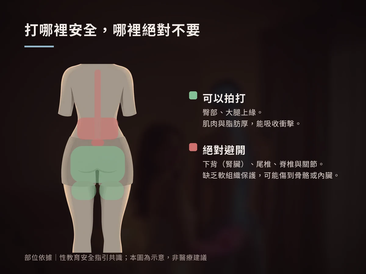 背面人形示意圖:綠色標示臀部與大腿上緣為可拍打區,紅色標示下背腎臟、尾椎與脊椎為避開區