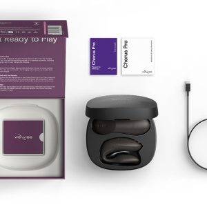 We-Vibe Chorus Pro 內容物平拍(黑):外盒、充電盒、說明書與充電線
