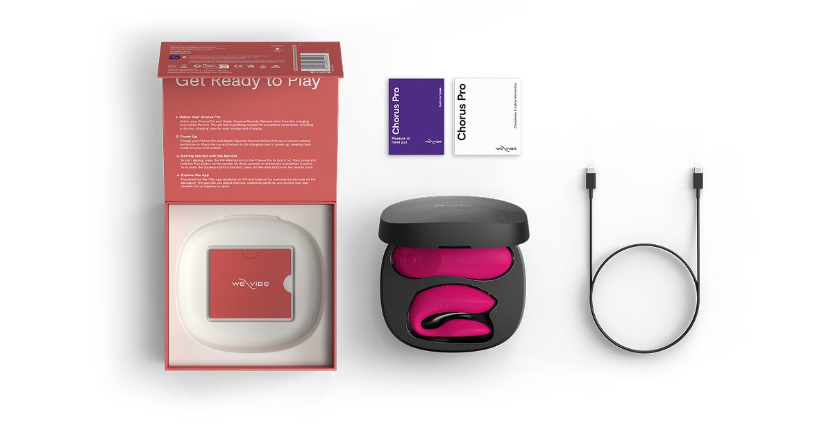 We-Vibe Chorus Pro 內容物平拍(粉):外盒、充電盒、說明書與充電線