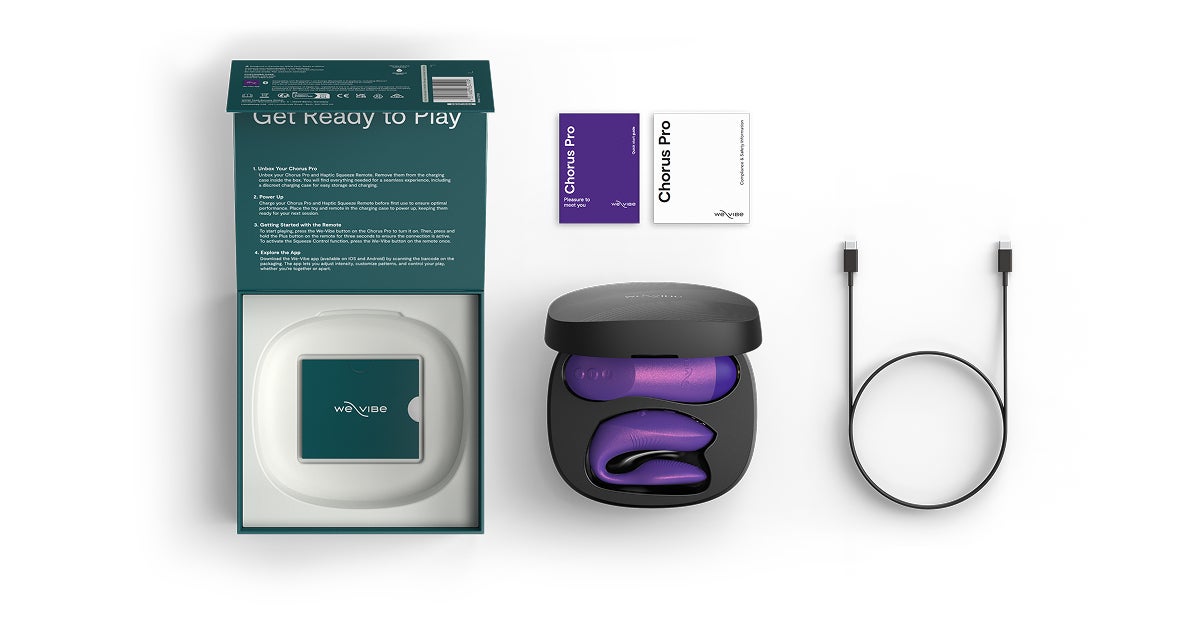 We-Vibe Chorus Pro 內容物平拍(紫):外盒、充電盒、說明書與充電線