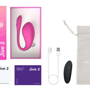 We-Vibe Jive 2 內容物平拍:外盒、快速指南、充電線、無線遙控器與收納袋