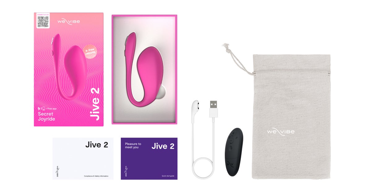 We-Vibe Jive 2 內容物平拍:外盒、快速指南、充電線、無線遙控器與收納袋