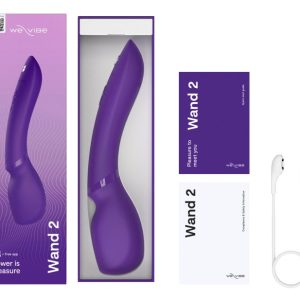 We-Vibe Wand 2 內容物平拍:外盒、快速指南與磁吸充電線